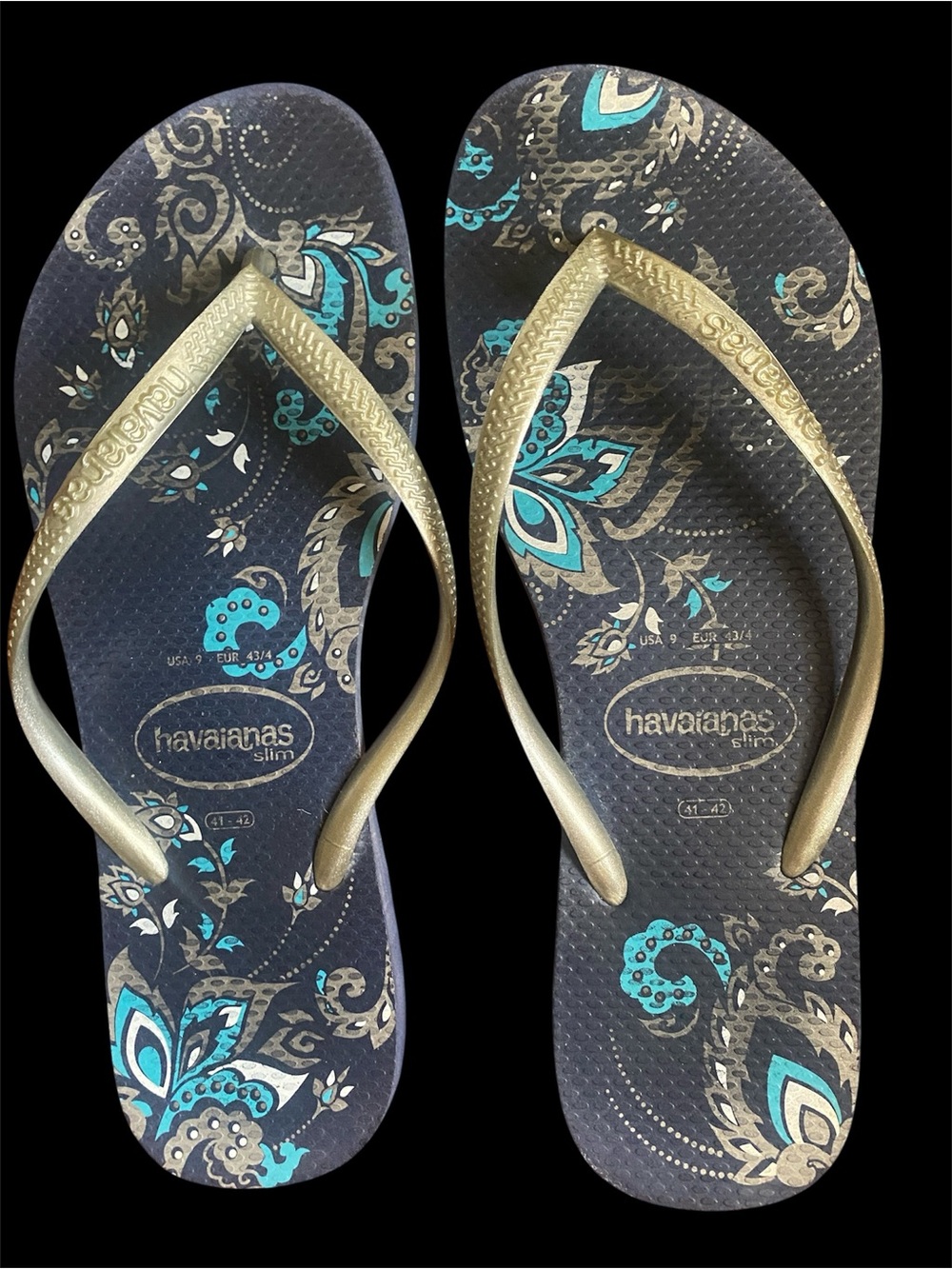 Havaianas Slim Flip Flops in Navy with Teal Paisley Design